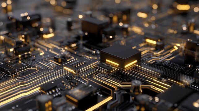 Futuristic microchip on a dark circuit board with glowing golden data pathways and electronic components