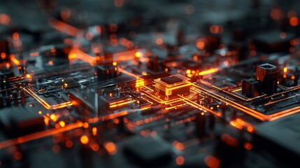 Digital Circuit Board with Glowing Orange Lines and Central Processor Chip for Data Transfer and Futuristic Technology