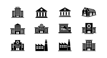 Black and White Building Icon Set with Architecture and Industry