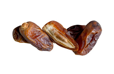 Ripe dried date palm fruits witth half in stack isolated with clipping path in png file format Concept of iftar food in Ramadan month for Muslims