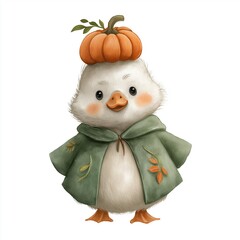 A cute cartoon duckling wearing a pumpkin hat and a green cloak, embodying autumn charm and whimsy.