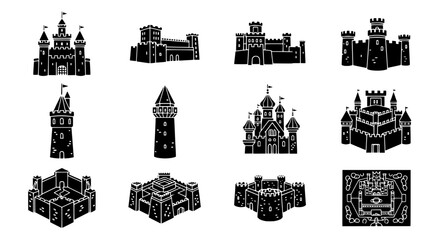 Fototapeta premium Set of Simple Fortress Icons in Black Silhouette