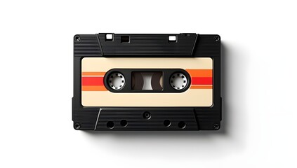 Obraz premium A vintage audio cassette tape placed against a clean white background, evoking a strong sense of nostalgia and retro charm. Themes related to retro culture, classic audio formats, music history.
