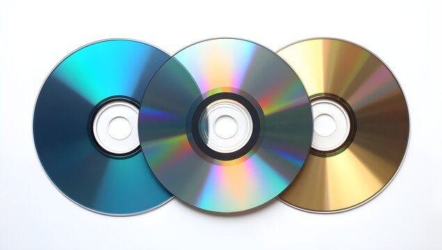 Compact discs isolated on a white background, placed side by side. The dics are blue, silver, and gold colored, catching the light beautifully, showcasing the classic iridescent rainbow effect. 