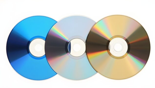 CDs or DVDs are slightly stacked side by side on a white background. Their round symmetrical shape, central holes, and glossy surfaces symbolize the digital revolution of music, and movies.