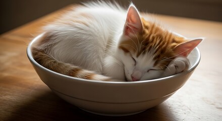 Ginger and white kitten curled up asleep in a bowl.
