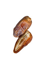 Ripe dried date palm fruit witth half in stack isolated on white background with clipping path Concept of iftar food in Ramadan month for Muslims