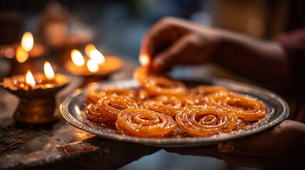Hands serving jalebi sweets with Diwali oil lamps.