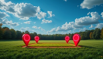 Vivid digital location markers highlighting a field under a bright cloudy sky surrounded by trees