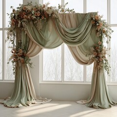 Elegant floral drapery with soft lighting, perfect for weddings and special events, enhancing the atmosphere of romance.