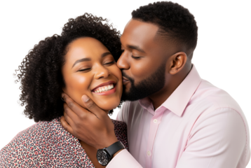 A man kisses a smiling woman on the cheek expressing affection with closed eyes and a tender touch Couple Love Emotion Togetherness Romance Relationship