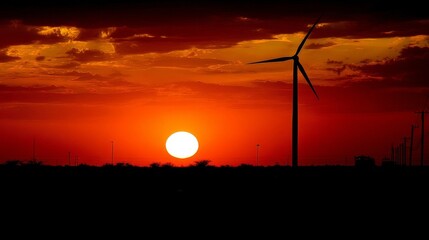 A striking sunset over renewable energy infrastructure with a large sun setting casting an orange hue across the sky,