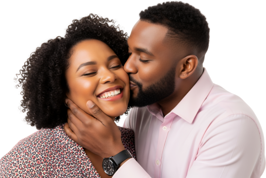 A man kisses a smiling woman on the cheek expressing affection with closed eyes and a tender touch Couple Love Emotion Togetherness Romance Relationship