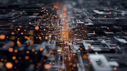 Futuristic abstract technology background with glowing orange data flow in a digital circuit network.