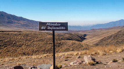 wooden sign that says "mirador el infiernillo". located in el infiernillo area, Tucuman