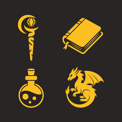 Magic symbols icons set on white background.  Magic wand, potion, book, and dragon silhouette vector art.