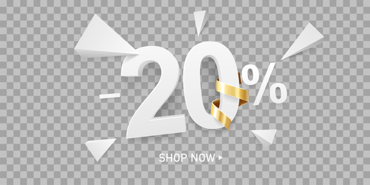 20 Percent off discount sale background. White 3D number with percent sign and golden ribbon, isolated on transparent background.