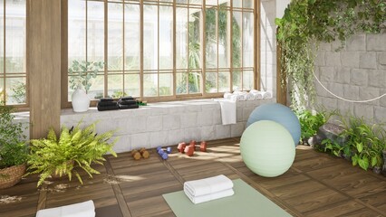 3D render of large cozy and bright yoga studio with large windows and sports equipment. Mat rack, fitness balls. Interior design, decorative plants and landscaping. Wooden floor and white brick walls