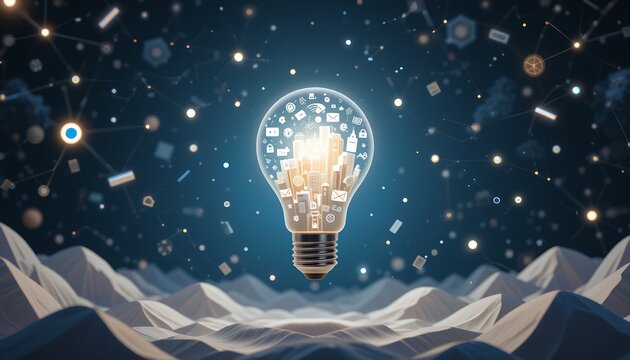 Conceptual illustration of innovative technology ideas floating above abstract mountainous