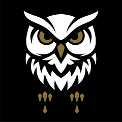 A minimalist owl face in white and gold, with sharp eyes that reflect wisdom and vigilance.