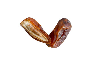 Ripe dried date palm fruit witth half in stack isolated on white background with clipping path Concept of iftar food in Ramadan month for Muslims
