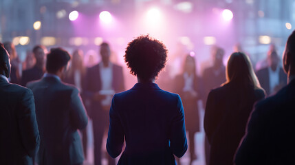 Group of diverse professionals listening to a leader presenting ideas on stage, spotlight on speaker, teamwork inspiration concept.