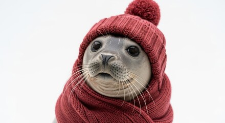 Obraz premium seal wearing a winter hat and scarf, on a solid white background