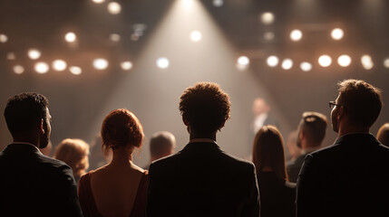 Group of diverse professionals listening to a leader presenting ideas on stage, spotlight on speaker, teamwork inspiration concept.
