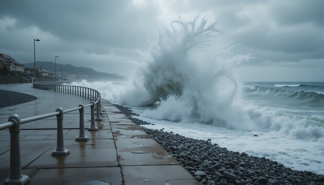 Powerful ocean waves crashing against rocky shoreline on a stormy day with dark clouds - Powered by Adobe