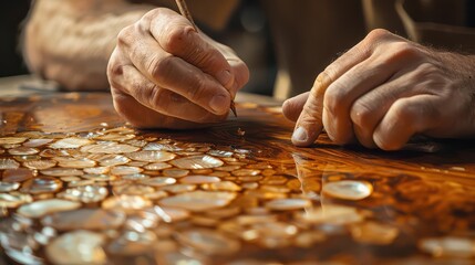 Skilled artisan meticulously crafts intricate inlay work on a polished wooden surface, showcasing dedication and precision in a close-up detail shot.
