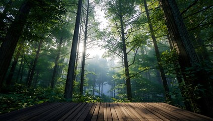 Sunlight filtering through tall trees onto a wooden path in a lush forest