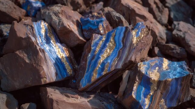 Explore the intricate beauty of rare earth ore chunks, showcasing jagged edges, sparkling mineral veins, and a blend of rich earthy tones with a metallic gleam.