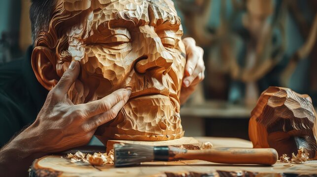 Master craftsman meticulously carving a detailed wooden sculpture of a human face with skillful hands and artistic precision in a workshop environment - Powered by Adobe