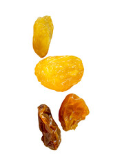 Dried yellow raisin or currants in set isolated on white background with clipping path