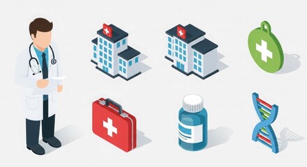 Isometric healthcare doctor hospital medicine dna first aid kit pharmacy medical health illustration