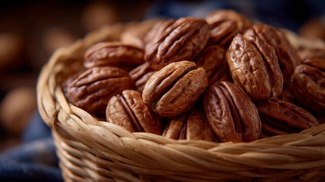 Close-up of walnut kernels in a woven basket, showcasing their intricate textures and rustic farm-to-table charm.