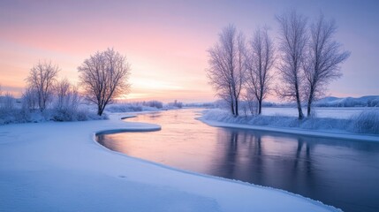 Winter landscape with frozen river and frosted trees at dawn