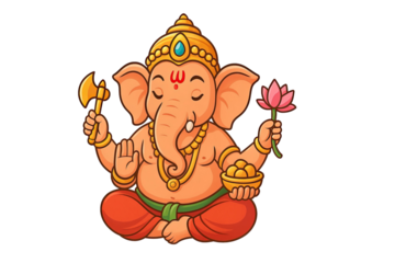 Colorful cartoon illustration of Lord Ganesha sitting in meditation holding lotus flower sweets and axe symbolizing wisdom prosperity blessings isolated on white background
