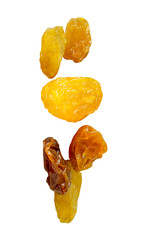 Dried yellow raisin or currants in set in small pile isolated on white background with clipping path