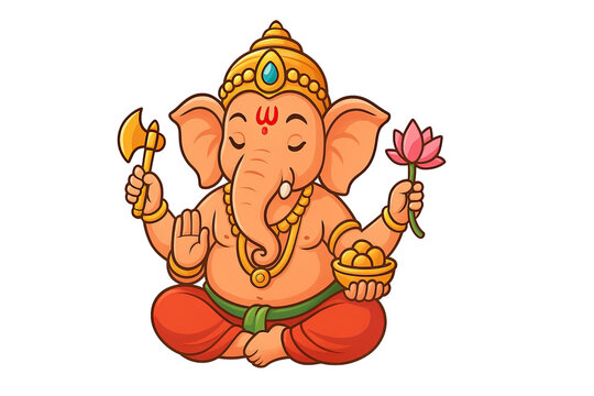Colorful cartoon illustration of Lord Ganesha sitting in meditation holding lotus flower sweets and axe symbolizing wisdom prosperity blessings isolated on white background
 - Powered by Adobe