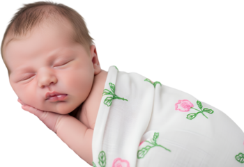 Newborn baby sleeping peacefully swaddled in a white blanket with embroidered pink roses and green leaves Child Infancy Innocence Serene Content Resting