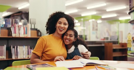 Woman face, child or teaching at library with hug, happy or laughing on study break. Support, tutor or girl student in school with homework, books and connection for childhood skill development. - Powered by Adobe
