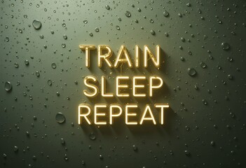 motivational neon sign inspiring a disciplined lifestyle focused on training sleeping and repetition