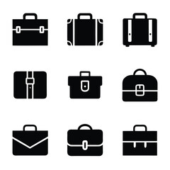 Collection of nine black briefcase icons on a white background luggage travel
