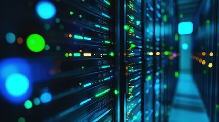 Close-up of futuristic server racks with glowing blue and green LED lights in modern data center, ideal for AI technology, IT infrastructure, cloud computing, and cybersecurity visuals