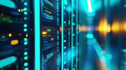 Close-up of futuristic server racks with glowing neon blue and orange LED lights in modern data center, ideal for AI technology, IT infrastructure, cloud systems, and cybersecurity visuals