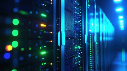 Close-up of futuristic server racks with glowing green and blue LED lights in secure data center, perfect for AI technology, IT infrastructure, cloud storage, and cybersecurity visuals
