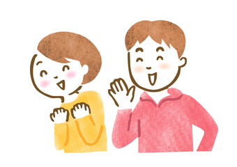応援している様子の男女の手描きイラスト