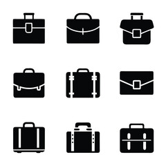 Nine Black Briefcase Icons on White Background luggage travel
