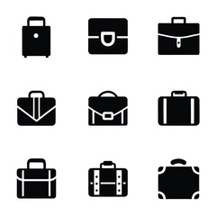 Nine Black Suitcase Icons on White Background luggage travel